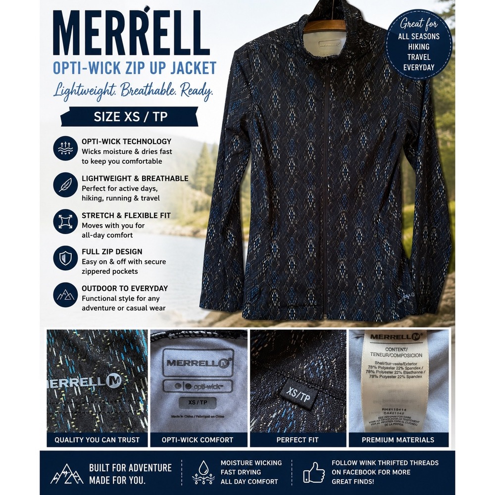 Merrell Opti-Wick Zip Up Jacket Womens XS Blue Black Ikat Lightweight Hiking